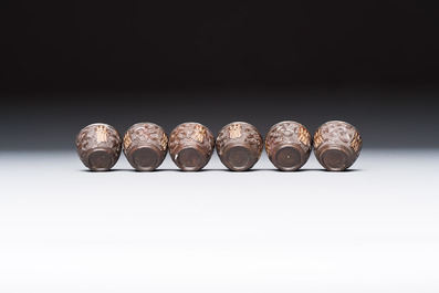 A group of 12 Chinese silver-lined coconut 'Shou 壽' bowls and cups, Wang Hengxin 王恆馨 marks, 19/20th C.