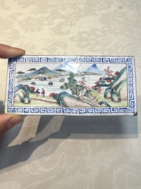 Six Chinese Canton enamel rectangular plaques with landscape, figural, floral and European subject designs, Qianlong