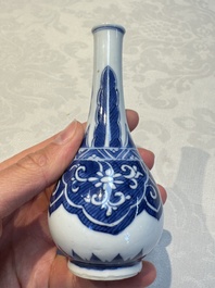 A Chinese blue and white covered vase and two bottle vases, Chenghua and jade marks, Kangxi
