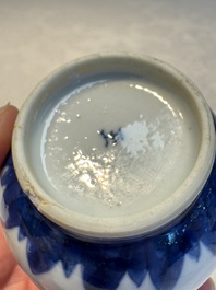 A Chinese blue and white covered vase and two bottle vases, Chenghua and jade marks, Kangxi