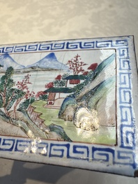 Six Chinese Canton enamel rectangular plaques with landscape, figural, floral and European subject designs, Qianlong