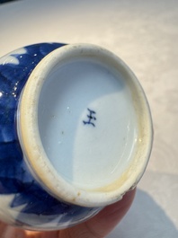 A Chinese blue and white covered vase and two bottle vases, Chenghua and jade marks, Kangxi