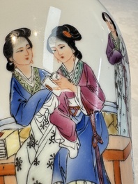 A pair of Chinese famille rose 'Meiping' vases with elegant beauties in a garden, Qianlong mark, 20th C.