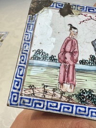 Six Chinese Canton enamel rectangular plaques with landscape, figural, floral and European subject designs, Qianlong