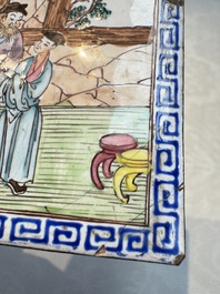 Six Chinese Canton enamel rectangular plaques with landscape, figural, floral and European subject designs, Qianlong