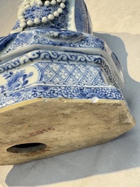 A fine Chinese blue and white Milefo Buddha on a wooden stand, Wei Hongtai Zao 魏洪泰造 mark, Republic