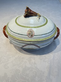 A Chinese famille rose serving dish, a covered tureen and stand with the arms of Peter van Hemert for the Danish market, Qianlong, ca. 1780