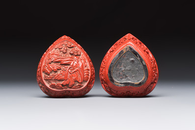 Nine Chinese cinnabar lacquer snuff bottles and a covered box, Qianlong marks, 19/20th C.