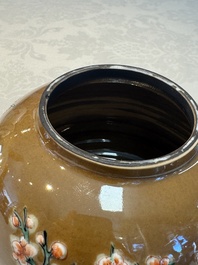 A large Chinese famille verte capucin-ground 'Prunus Blossoms' teapot and cover with relief design, Kangxi