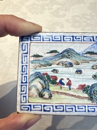 Six Chinese Canton enamel rectangular plaques with landscape, figural, floral and European subject designs, Qianlong