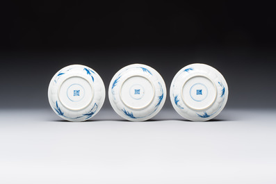 Six Chinese blue and white 'Rooster' cups and saucers, Kangxi