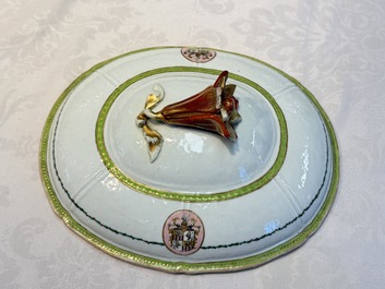 A Chinese famille rose serving dish, a covered tureen and stand with the arms of Peter van Hemert for the Danish market, Qianlong, ca. 1780