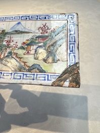 Six Chinese Canton enamel rectangular plaques with landscape, figural, floral and European subject designs, Qianlong