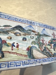 Six Chinese Canton enamel rectangular plaques with landscape, figural, floral and European subject designs, Qianlong