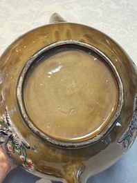 A large Chinese famille verte capucin-ground 'Prunus Blossoms' teapot and cover with relief design, Kangxi