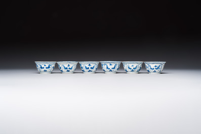 Six Chinese blue and white 'Rooster' cups and saucers, Kangxi