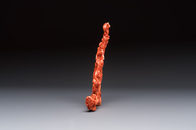 A Chinese carved red coral 'Goddess and Boy' group, 19/20th C.