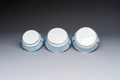 Six Chinese blue and white reticulated baskets with pagodas along a river, Qianlong
