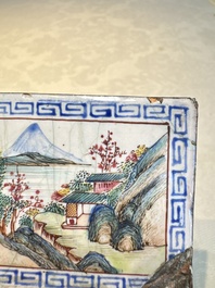Six Chinese Canton enamel rectangular plaques with landscape, figural, floral and European subject designs, Qianlong