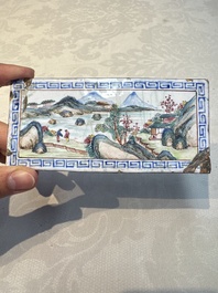 Six Chinese Canton enamel rectangular plaques with landscape, figural, floral and European subject designs, Qianlong