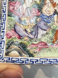 Six Chinese Canton enamel rectangular plaques with landscape, figural, floral and European subject designs, Qianlong