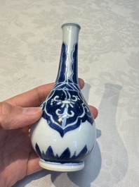 A Chinese blue and white covered vase and two bottle vases, Chenghua and jade marks, Kangxi