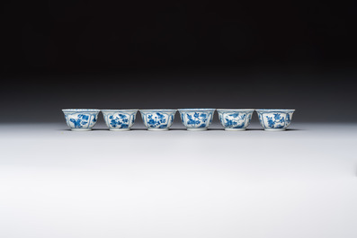 Six Chinese blue and white 'Rooster' cups and saucers, Kangxi