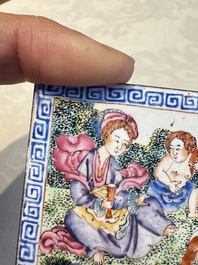 Six Chinese Canton enamel rectangular plaques with landscape, figural, floral and European subject designs, Qianlong