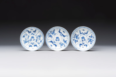 Six Chinese blue and white 'Rooster' cups and saucers, Kangxi