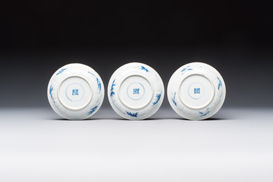 Six Chinese blue and white 'Rooster' cups and saucers, Kangxi