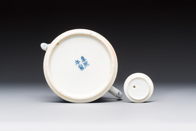 A Chinese blue and white 'Buddhist Lion' teapot, covered bowl and a saucer, various marks, 19th C.