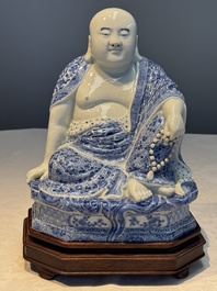 A fine Chinese blue and white Milefo Buddha on a wooden stand, Wei Hongtai Zao 魏洪泰造 mark, Republic