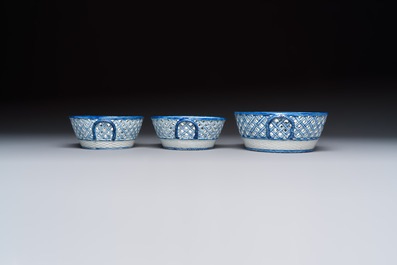 Six Chinese blue and white reticulated baskets with pagodas along a river, Qianlong