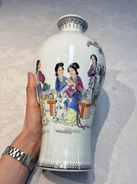 A pair of Chinese famille rose 'Meiping' vases with elegant beauties in a garden, Qianlong mark, 20th C.