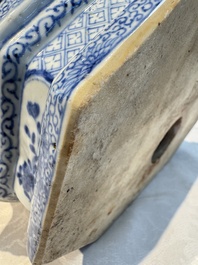 A fine Chinese blue and white Milefo Buddha on a wooden stand, Wei Hongtai Zao 魏洪泰造 mark, Republic