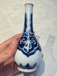 A Chinese blue and white covered vase and two bottle vases, Chenghua and jade marks, Kangxi