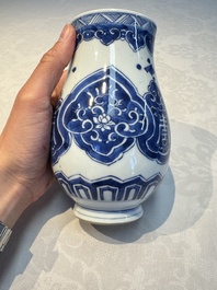 A Chinese blue and white covered vase and two bottle vases, Chenghua and jade marks, Kangxi