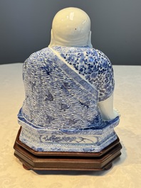 A fine Chinese blue and white Milefo Buddha on a wooden stand, Wei Hongtai Zao 魏洪泰造 mark, Republic