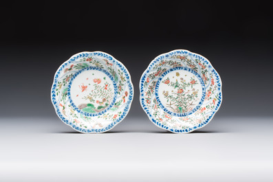 Seven Chinese famille verte cups and four saucers, conch shell and lingzhi marks, Kangxi