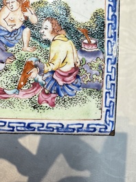Six Chinese Canton enamel rectangular plaques with landscape, figural, floral and European subject designs, Qianlong