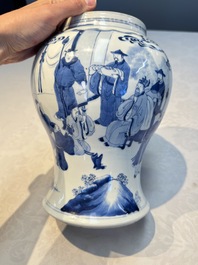 A Chinese blue and white 'Boot-swapping ceremony of Cui Rong' vase, Kangxi