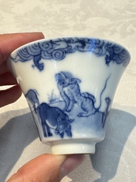 A pair of Chinese blue and white 'Bleu de Hue' cups with zodiac animals, Noi Phu 內府 mark, 19th C.