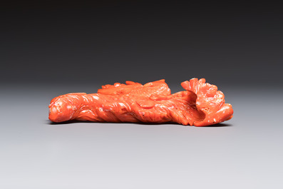 A Chinese carved red coral 'Birds and Flowers' group on a wooden stand, 19/20th C.
