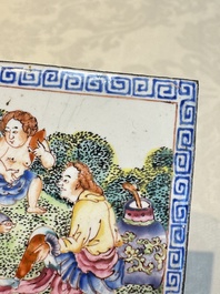 Six Chinese Canton enamel rectangular plaques with landscape, figural, floral and European subject designs, Qianlong