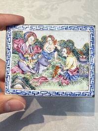 Six Chinese Canton enamel rectangular plaques with landscape, figural, floral and European subject designs, Qianlong