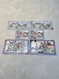 Six Chinese Canton enamel rectangular plaques with landscape, figural, floral and European subject designs, Qianlong