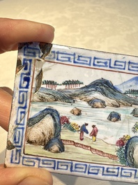 Six Chinese Canton enamel rectangular plaques with landscape, figural, floral and European subject designs, Qianlong