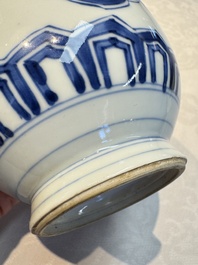 A Chinese blue and white covered vase and two bottle vases, Chenghua and jade marks, Kangxi