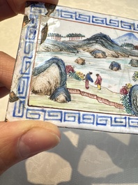 Six Chinese Canton enamel rectangular plaques with landscape, figural, floral and European subject designs, Qianlong