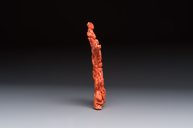 A Chinese carved red coral 'Goddess and Boy' group, 19/20th C.